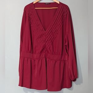 BloomChic V-neck Women's Pleated Tunic Blouse Burgundy Balloon Long Sleeves